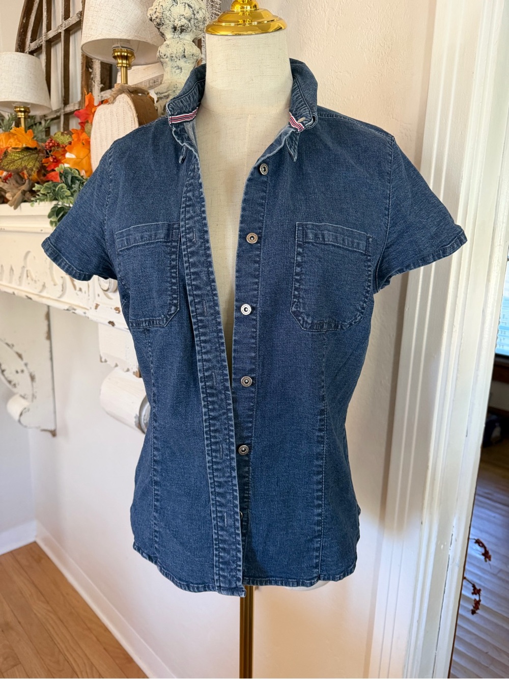 Tommy Hilfiger Short-Sleeve Denim Button-Down Shirt - Dark Blue